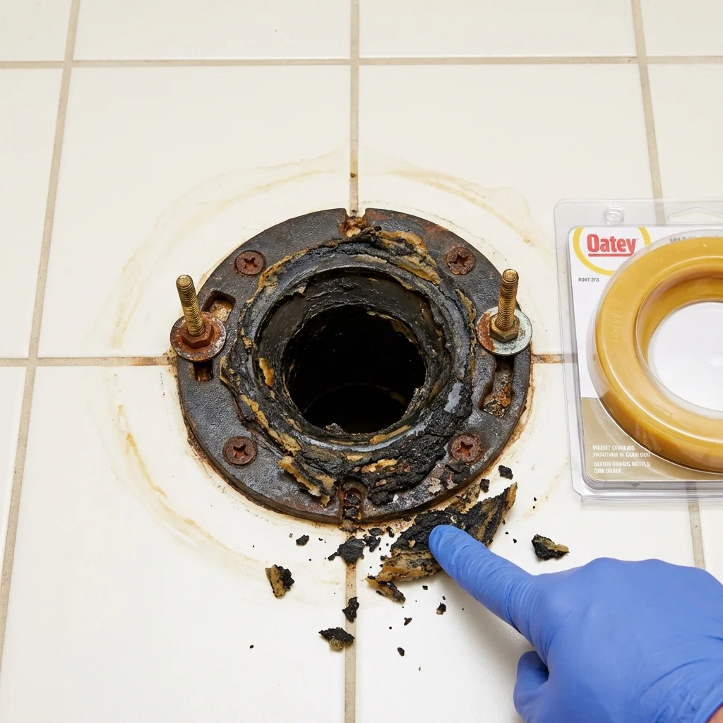 Failed wax ring showing water seepage at the base of a toilet in a Salem, WV home