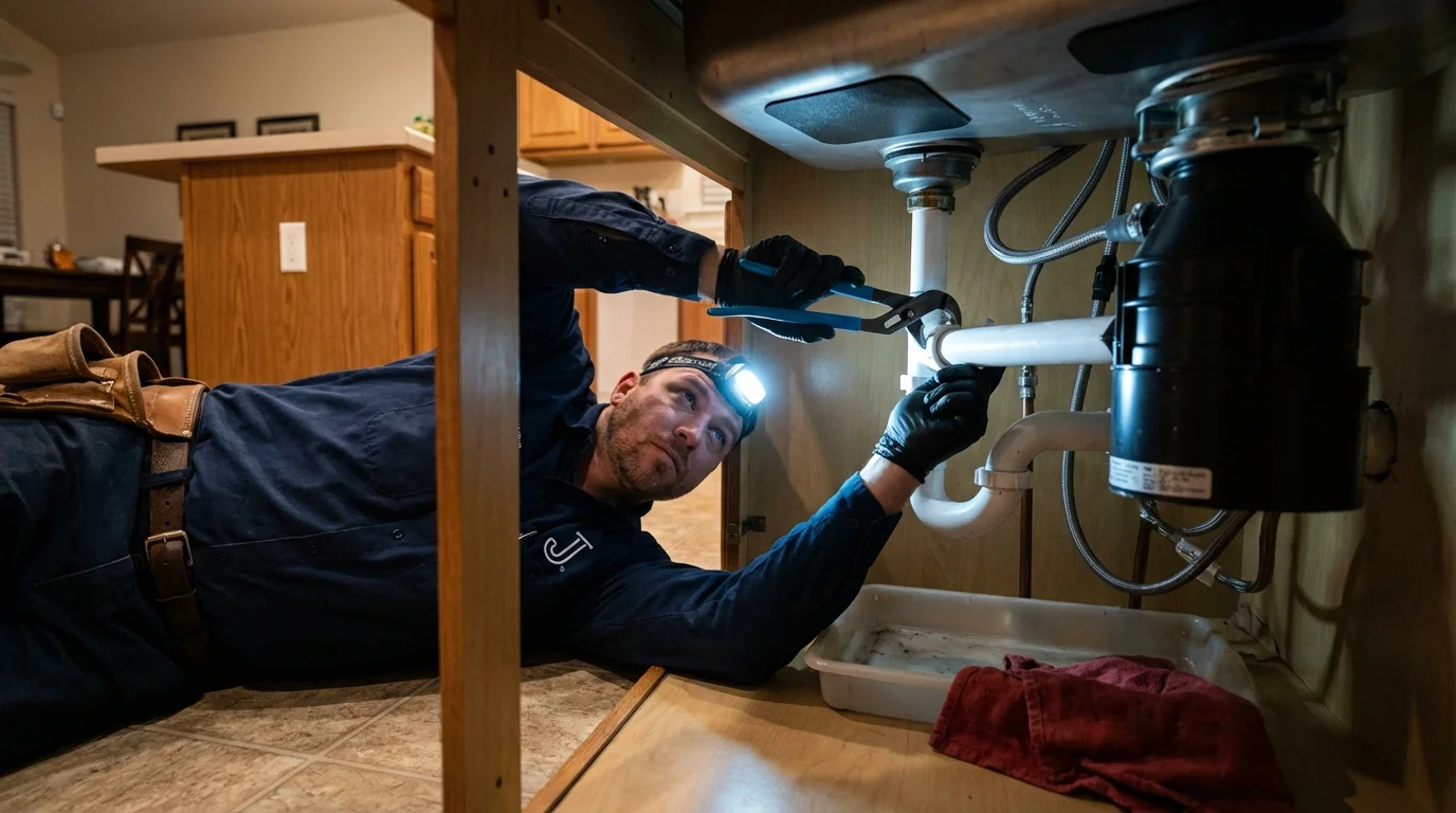 P-trap and supply line connections under a kitchen sink showing a common leak point in Salem, WV